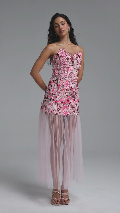 Pink Floral Embroidered Strapless Mini Dress with Sheer Tulle Overlay