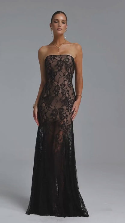 Elegant Strapless Black Lace Overlay Column Gown
