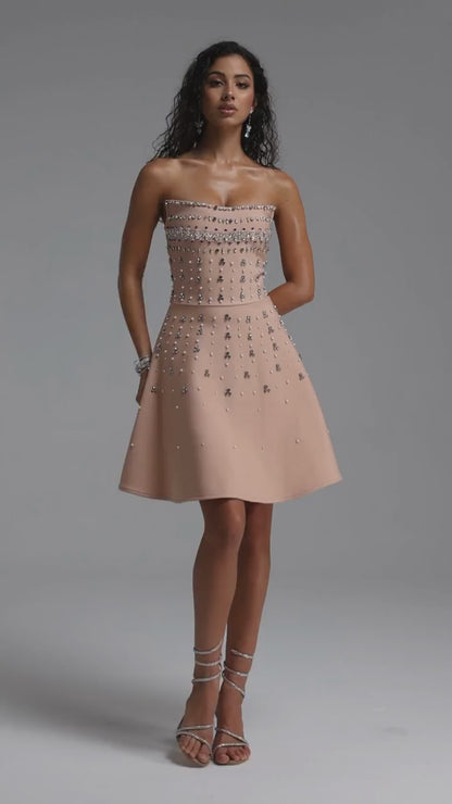 Peach Crystal-Embellished Fit and Flare Mini Dress