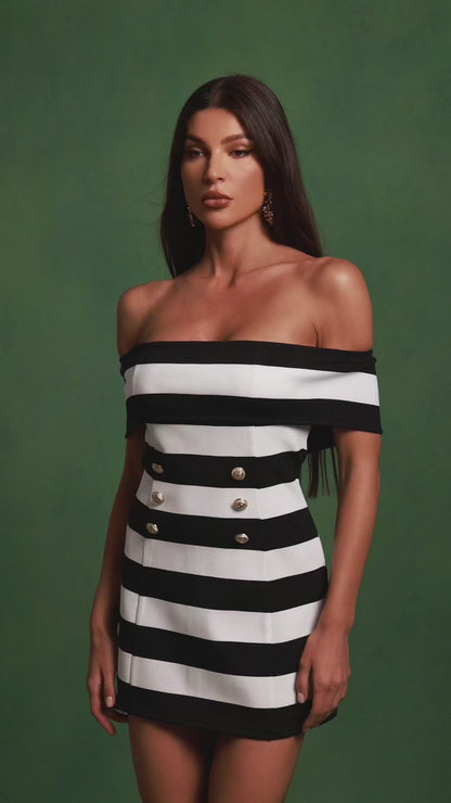 Nautical Off-the-Shoulder Striped Mini Dress with Gold Button Accents