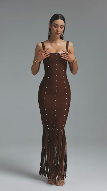 Chocolate Brown Crystal Embellished Fringe Bandage Dress