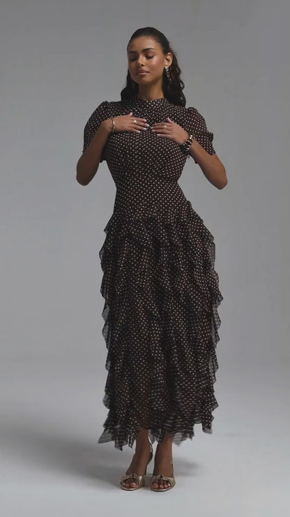 Cascading Ruffle Polka Dot Maxi Dress - Chocolate Brown