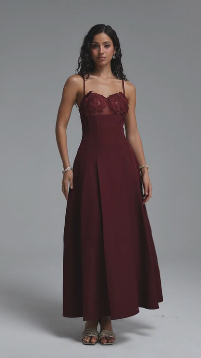 Maroon Illusion Sweetheart Evening Gown with Pleated Skirt
