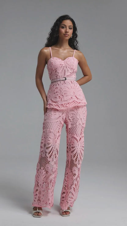 Guipure Lace Peplum Top & Wide-Leg Pant Set - Pink
