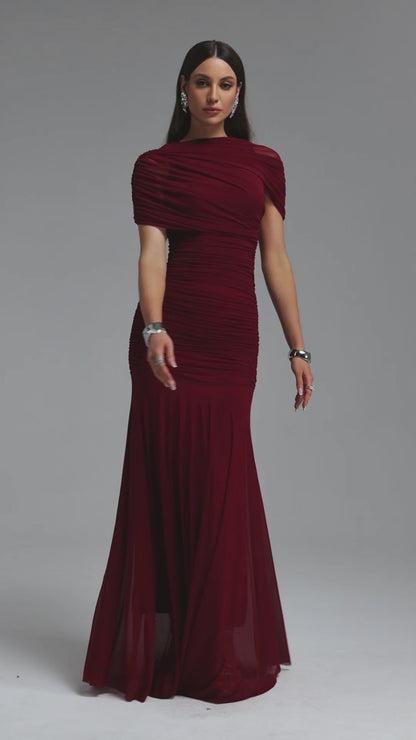 Asymmetrical Draped Ruched Maxi Gown - Deep Burgundy