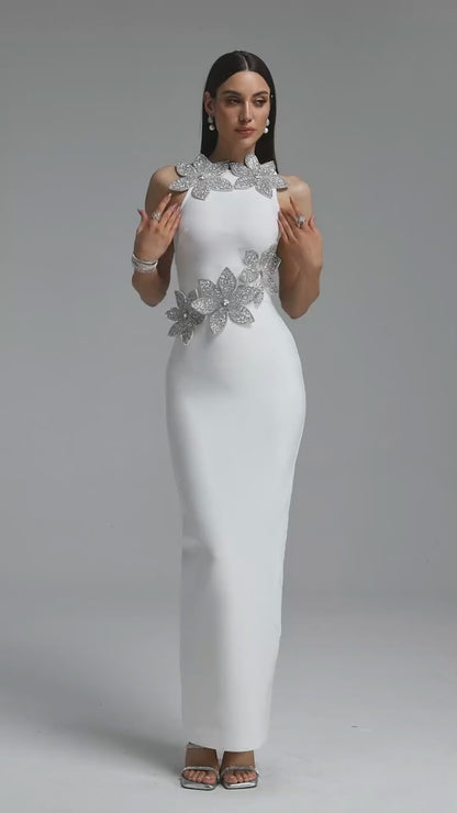 3D Crystal Floral Halter Evening Gown - White