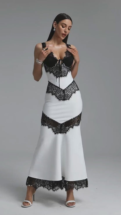 Contrast Lace Lingerie-Inspired Maxi Dress - White & Black