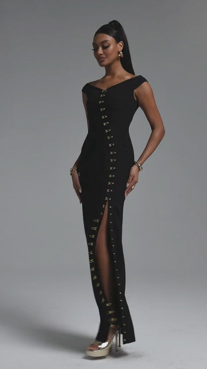 Gold Hardware Slit Column Gown - Black