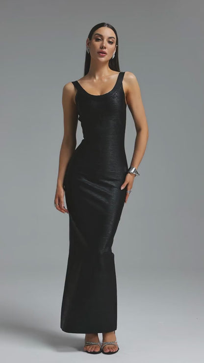 Metallic Black Scoop Neck Bandage Column Gown