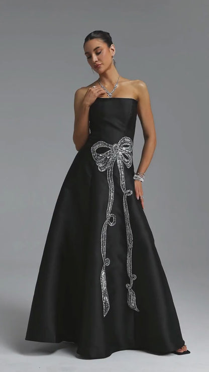 Black Strapless Satin Gown with Crystal Bow Embellishment
