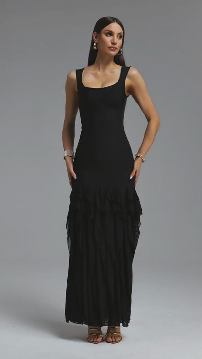 Bandage Bodice Cascading Ruffle Gown - Black
