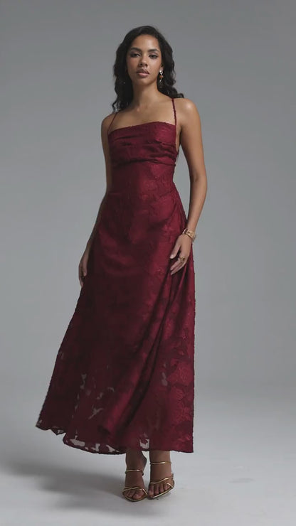 Textured Floral Burnout Spaghetti Strap Maxi Dress - Burgundy