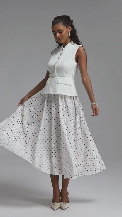 Bouclé Peplum Top & Polka Dot Skirt Set - White & Black
