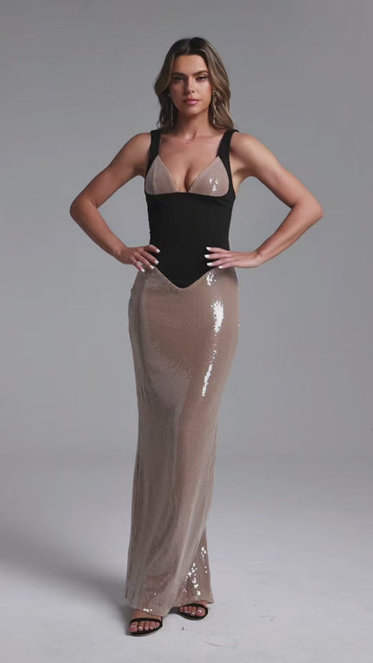 The Noir Glimmer Gown: Sequin Column Dress with Sculpted Corsetry