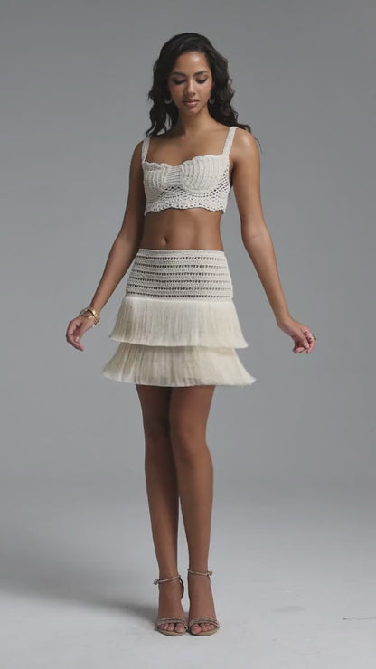 Ivory Crochet Crop Top and Tiered Fringe Skirt Set