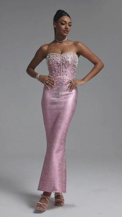Pearl Embellished Strapless Metallic Mermaid Gown - Rose Pink