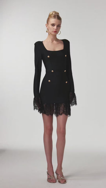 Tailored Square-Neck Blazer Dress with Lace Trim