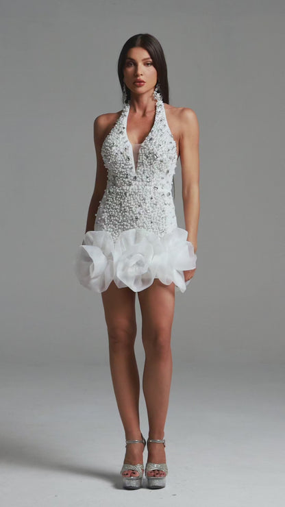 Pearl-Encrusted Halter Mini Dress with Architectural Organza Ruffle Hem