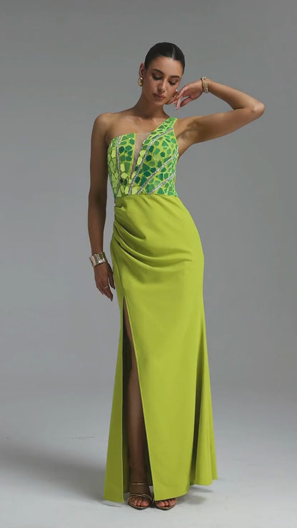 Vibrant Chartreuse Mirror Embellished Evening Gown