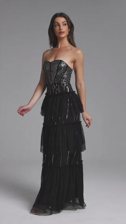 Midnight Star Tiered Tulle Gown with Beaded Strapless Bodice