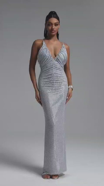 Embellished Ruched Plunge Maxi Gown - Icy Silver