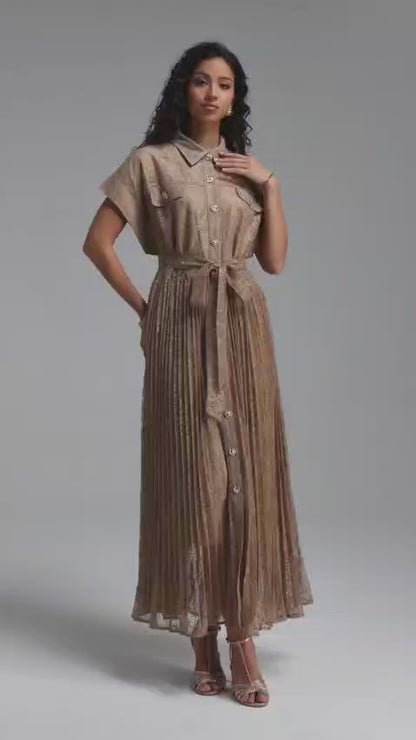 Pleated Lace Button-Down Shirt Dress - Taupe