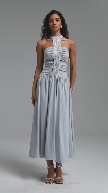 Ice Blue Crystal Embellished Halter Cutout Midi Dress