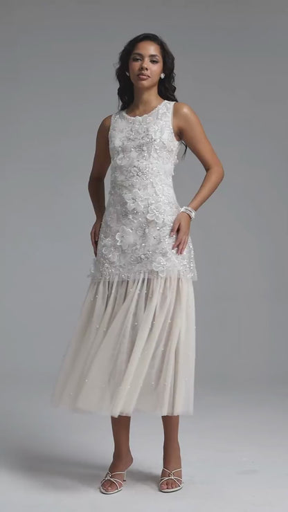 Vintage-Inspired Beaded Tulle and Pearl Midi Dress