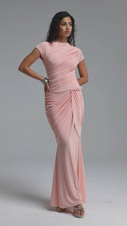 Soft Pink Asymmetrical Draped Gown