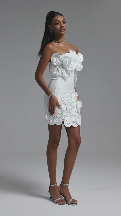 3D Floral Embellished Strapless Corset Mini Dress - White
