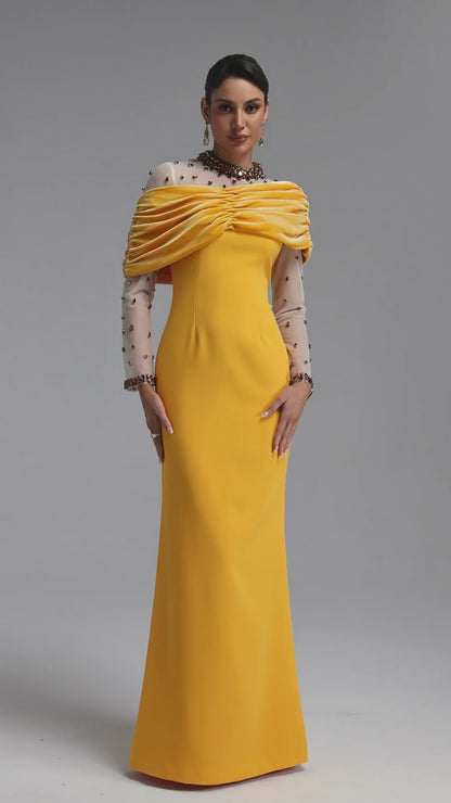 Crystal Illusion Draped Velvet Gown - Marigold Yellow