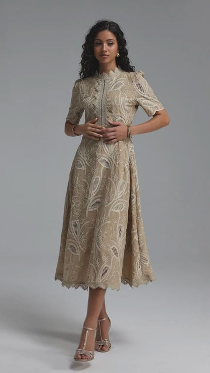 Embroidered Eyelet Lace Midi Dress - Tan