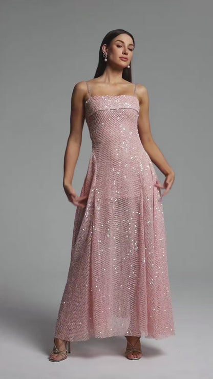 Rose Quartz Shimmer Pleated Maxi Gown