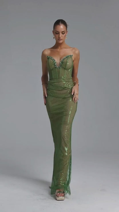 Strapless Green Crystal Mesh Corset Evening Gown