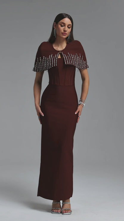 Embellished Sheer Mesh Gown - Chocolate Brown