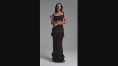 Chocolate Brown Crochet Crop Top and Fringe Maxi Skirt Set