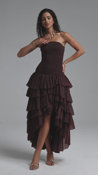 Chocolate Brown Smocked Tiered Ruffle Dress