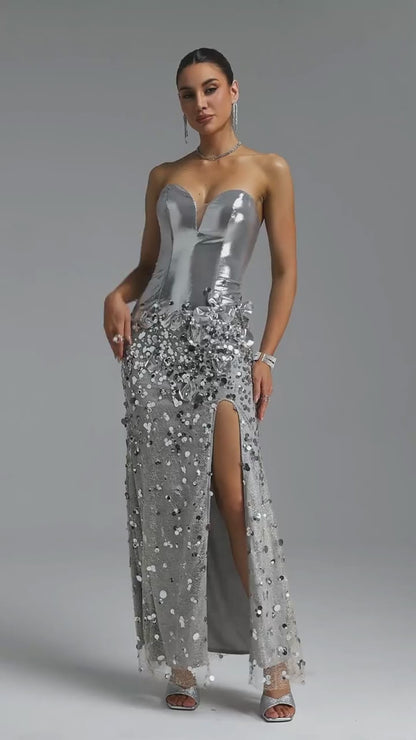 Metallic Silver Corset and Sequin Embellished Gown