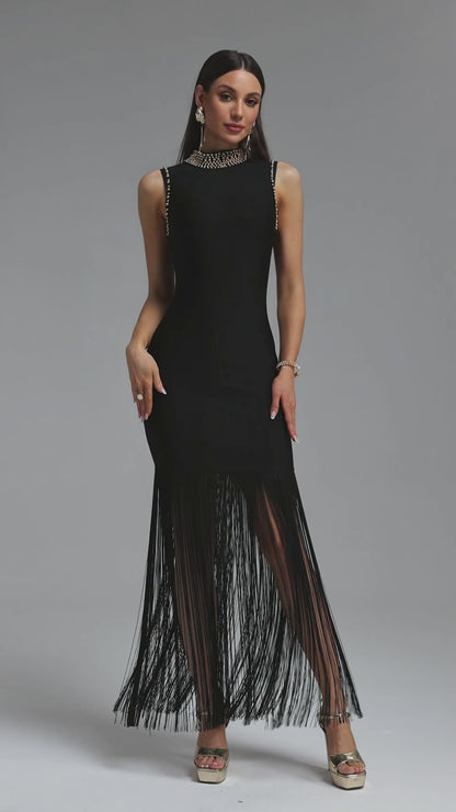Embellished Collar Fringe-Hem Bodycon Gown - Black