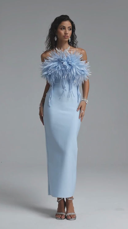 Powder Blue 3D Feather-Appliqué Column Gown
