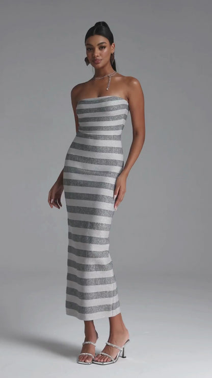 Junya Chic Contour Strapless Stripe Maxi Dress