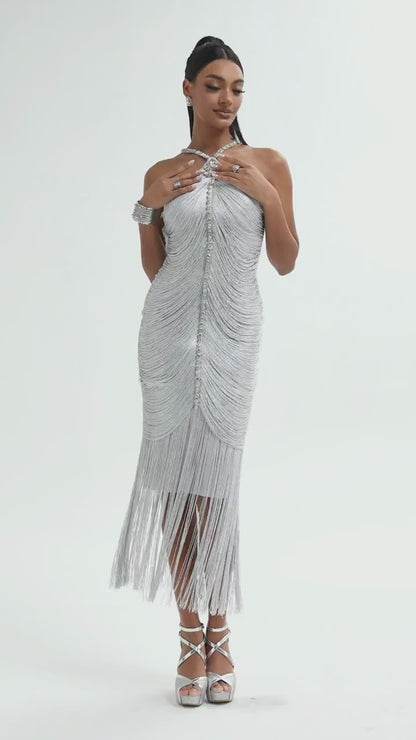 Crystal Embellished Halter Fringe Midi Dress - Metallic Silver