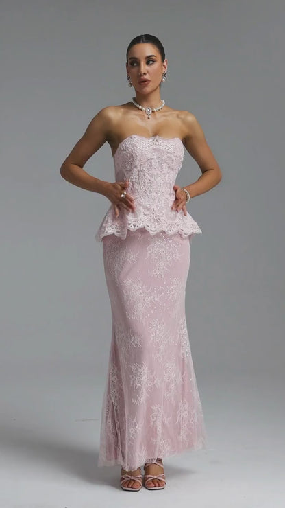 Blush Pink Strapless Lace Peplum Gown