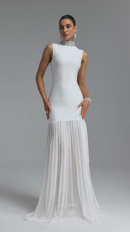 White Crystal-Embellished Bandage and Pleated Drop-Waist Gown