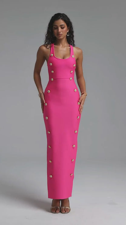 Hot Pink Bandage Midi Dress with Gold Buttons