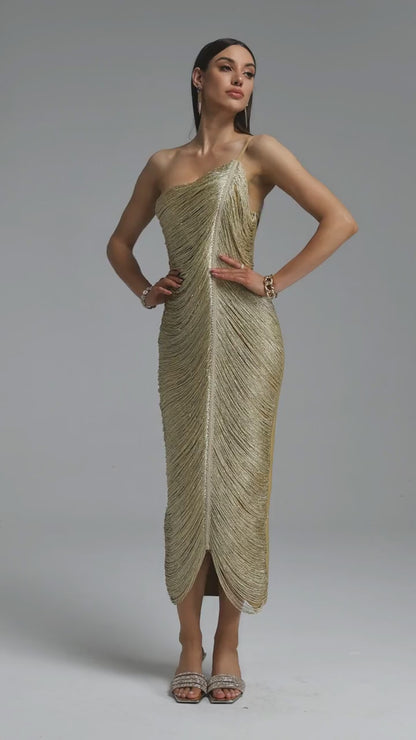 Metallic Plissé One-Shoulder Midi Dress - Liquid Gold