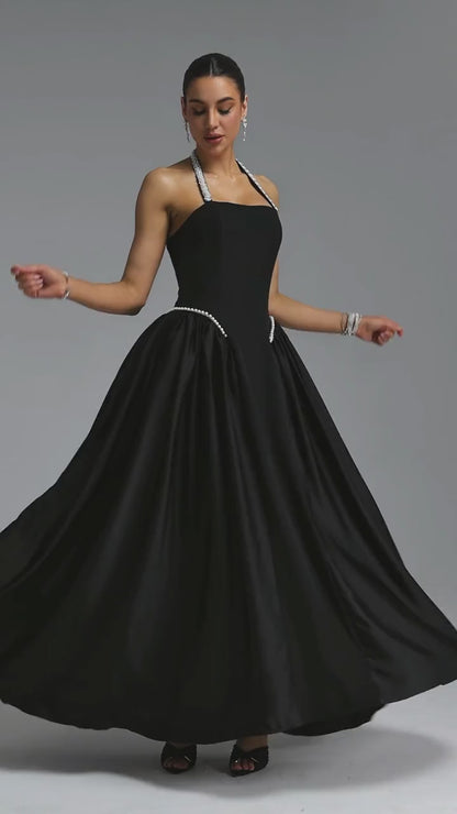 Pearl Embellished Halter A-Line Gown - Black