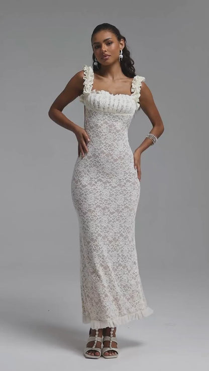 Ruffled Floral Lace Maxi Dress - White