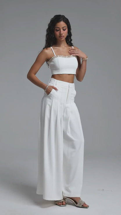 Pristine White Embellished Crop Top & Wide-Leg Trouser Set