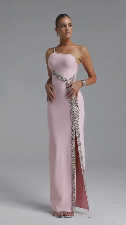 Radiant Crystal-Accented One-Shoulder Pastel Pink Gown
